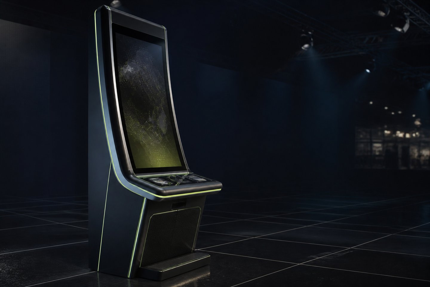 Conceptual curved-screen gaming cabinet in an exhibition setting