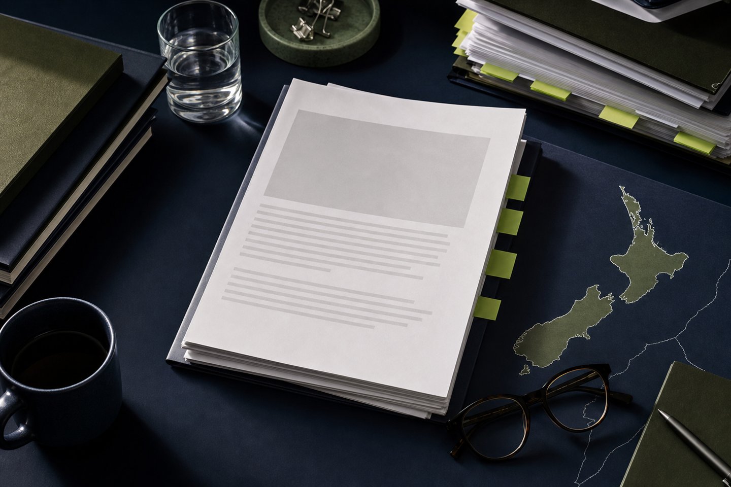 Policy papers arranged beside a stylised map of New Zealand